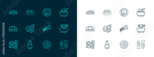 Set line Ramen soup bowl, Soy sauce bottle, Food chopsticks with noodles, Homemade pie, Chicken egg vegerables, Rice in, Fish steak and Sushi icon. Vector
