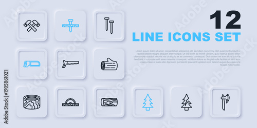 Set line Tree, Wooden axe, Hand saw, Hacksaw, Electric circular, Metallic nail and log icon. Vector