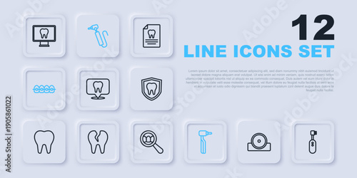 Set line Otolaryngological head reflector, Electric toothbrush, Dental clinic location, Tooth drill, Teeth with braces, Broken, and search icon. Vector