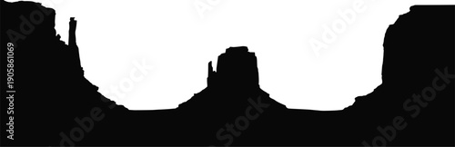 Desert landscape silhouette, Monument Valley buttes, American Southwest scenery, natural landmark illustration, Western heritage artwork, travel culture vector composition