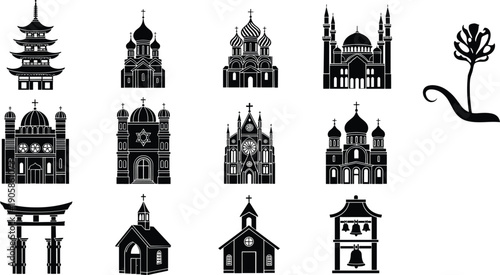 Black and white silhouettes of various religious buildings and a flower churches mosques temples synagogues