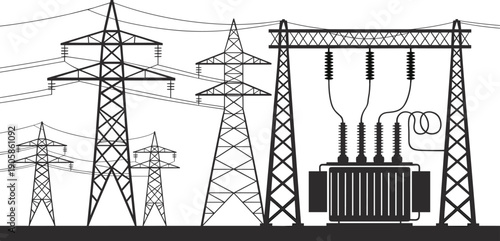 Electrical infrastructure silhouette, transmission tower illustration, power transformer artwork, energy distribution design, utility grid vector, industrial electricity composition
