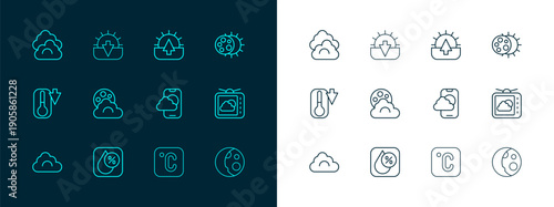 Set line Eclipse of the sun, Water drop percentage, Weather forecast app, Celsius, Cloud with moon, Sunrise, and Sunset icon. Vector