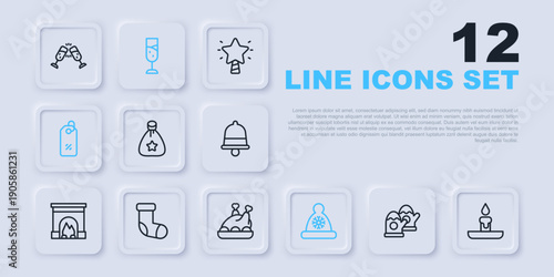 Set line Christmas mittens, Burning candle, Santa Claus bag gift, hat, Discount percent tag, stocking, Glass of champagne and Roasted turkey or chicken icon. Vector