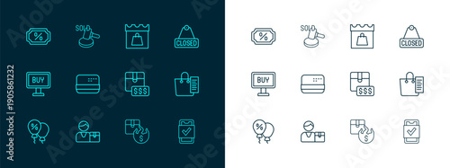 Set line Hanging sign with text Closed, Buyer, Item price tag dollar, Hot, Credit card, Shopping day, Discount percent and Auction hammer icon. Vector