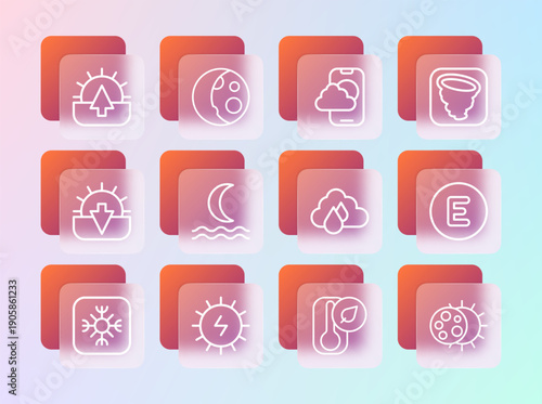 Set line Tornado, Solar energy panel, Cloud with rain, Thermometer, Night fog smoke, Weather forecast app, Sunrise and Moon phases icon. Vector