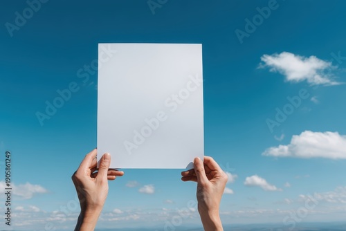 Hands holding a blank white paper sheet against a blue sky, freedom concept, copy space
