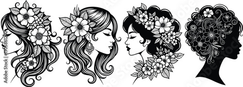 Black and white of women's heads with floral hair adornments flowers in hair hairstyles