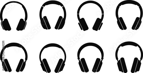 Black headphones on white background silhouettes audio equipment