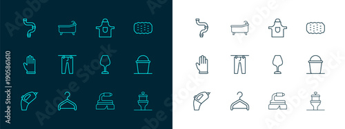 Set line Sponge, Hanger wardrobe, Wine glass, Brush for cleaning, Drying clothes, Kitchen apron, Industry metallic pipe and Bathtub icon. Vector