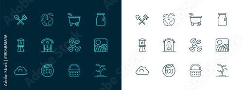 Set line Glass jar with screw-cap, Eco healthy food, Seeds of specific plant, Wicker basket, Farm house, Wheelbarrow, Shovel and rake and Apple icon. Vector