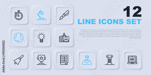 Set line Law pillar, Laptop, Creative lamp light idea, Graduate and graduation cap, Earth globe, Award cup, Table and Book with mathematics icon. Vector