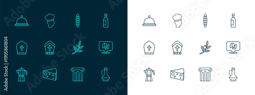 Set line Bottle of wine, Cheese, Olives branch, Ancient column, Pope hat, French baguette bread, Covered with tray food and Italian cook icon. Vector
