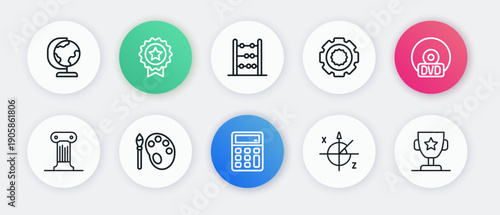 Set line Calculator, CD DVD disk, Law pillar, Trigonometric circle, Gear, Abacus, Award cup and Paint brush with palette icon. Vector