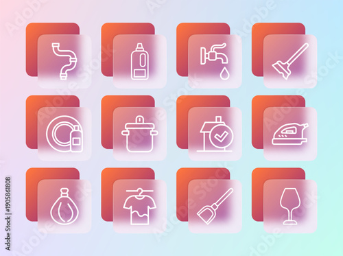 Set line Mop, Drying clothes, Home cleaning service, Dustpan, Cooking pot, Water tap, Industry metallic pipe and Bottle for detergent icon. Vector