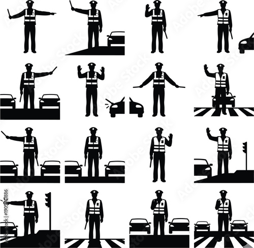 Police Traffic Officer Hand Signal Icons Set for Road Safety and Driving Education