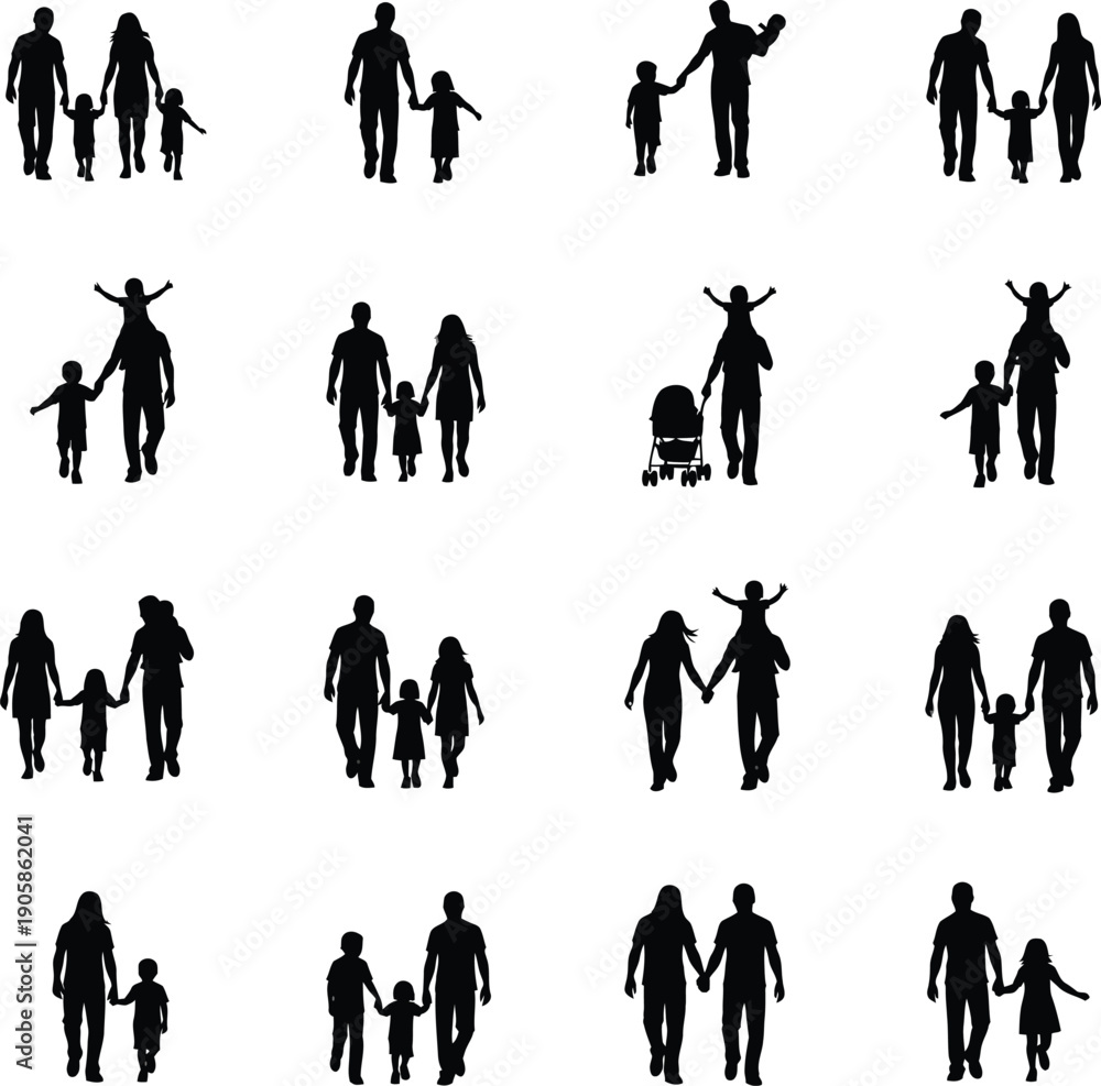 Fototapeta premium Happy Family Silhouette Vector Set: Parents and Children Walking, Holding Hands, and Playing