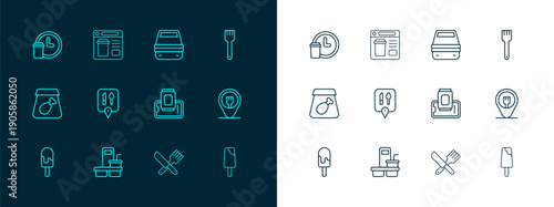 Set line Fork, Coffee cup to go, Food ordering on mobile, Crossed knife and fork, Cafe restaurant location, Lunch box, Round the clock delivery and Online food icon. Vector