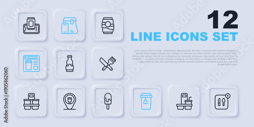 Set line Coffee cup to go, Food ordering, Sauce bottle, Cup tea, Online food, Cafe and restaurant location, and Ice cream icon. Vector