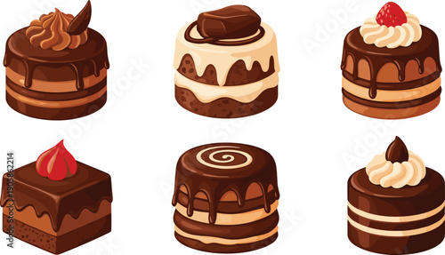 Cute chocolate dessert cakes illustration set sweet bakery pastry cartoon treats