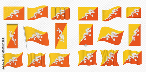 Bhutan flag vector set with various shapes and waving styles on transparent background.