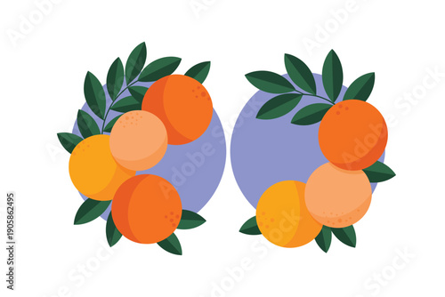 Orange fruit illustration with green leaves and purple background