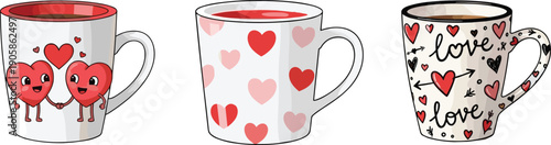 Romantic love coffee mugs set, heart pattern cup illustration, valentine drink design, cute cartoon beverage, couple gift concept