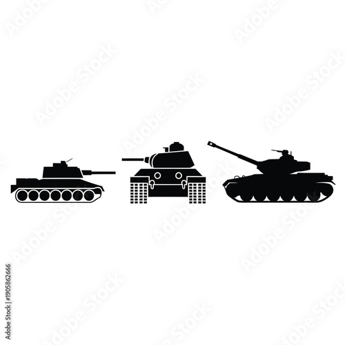 Silhouettes of three military tanks against a plain white background