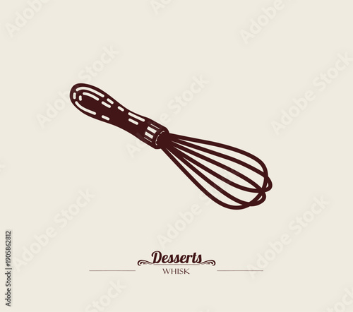 Pastry whisk for whipping eggs and cream. Line art, sketch style. Vector hand drawn illustration