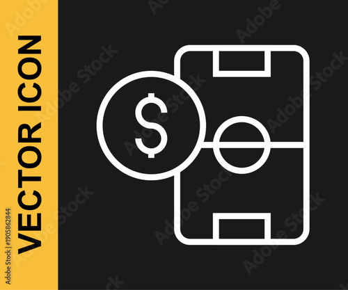 White line Soccer football betting money icon isolated on black background. Football bet bookmaker. Soccer betting online make money. Vector
