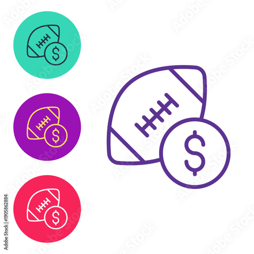 Set line American football betting money icon isolated on white background. Football bet bookmaker. Soccer betting online make money. Set icons colorful. Vector