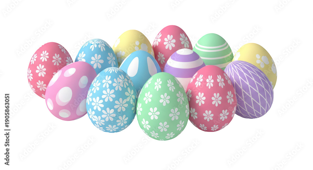 Fototapeta premium Group of colorful patterned Easter eggs on transparent background png (रंगीन ईस्टर अंडे)