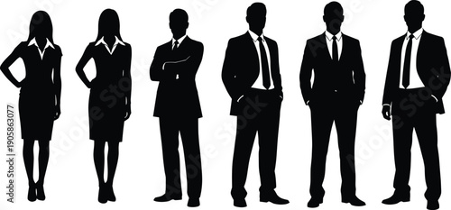 Successful diverse business team group of professional corporate people standing in formal suits, office silhouette workers isolated on white background