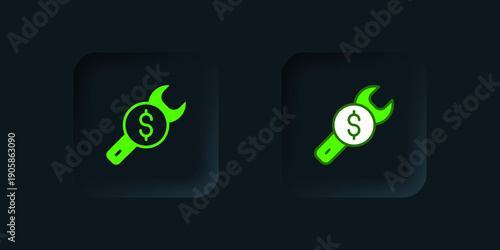 Green Repair price icon isolated on black background. Dollar and wrench. Black square button. Vector
