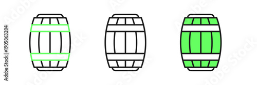 Set line Wooden barrel icon isolated on white background. Alcohol barrel, drink container, wooden keg for beer, whiskey, wine. Vector