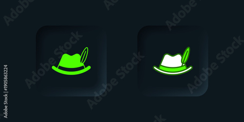 Green Oktoberfest hat icon isolated on black background. Hunter hat with feather. German hat. Black square button. Vector