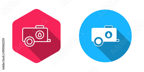Filled and outline Mobile water tank - bowser icon isolated with long shadow background. Water tank delivering water. Vector