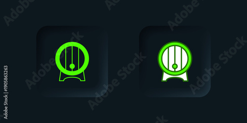 Green Wooden barrel on rack with stopcock icon isolated on black background. Black square button. Vector
