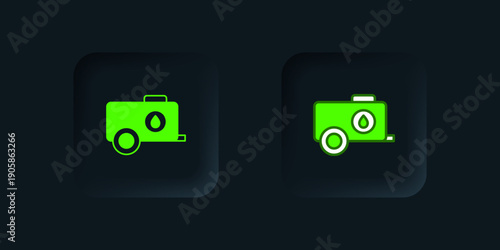 Green Mobile water tank - bowser icon isolated on black background. Water tank delivering water. Black square button. Vector