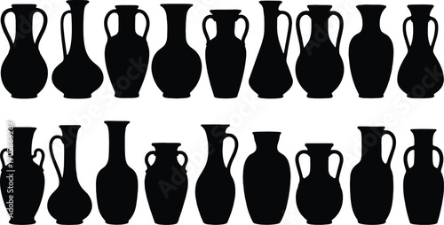 Black silhouettes of ancient style jugs and vases on white background ancient jugs pottery ceramics