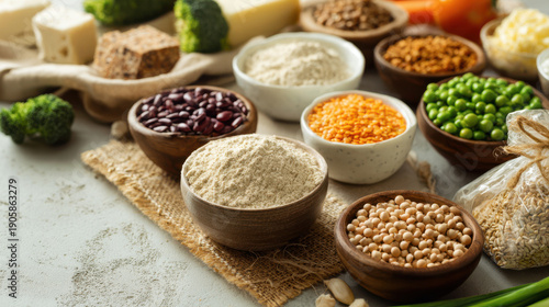 Assorted plant-based protein sources including legumes, grains, and flours arranged as sustainable food ingredients for alternative nutrition and healthy diet concepts.
