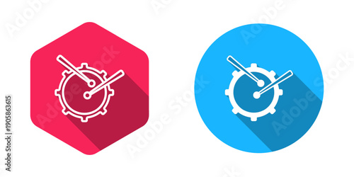 Filled and outline Drum with drum sticks icon isolated with long shadow background. Music sign. Musical instrument symbol. Vector