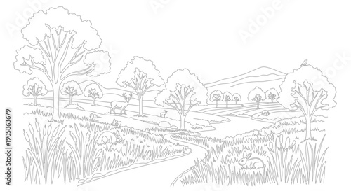 Wallpaper Mural black and white landscape drawing with trees and path Torontodigital.ca