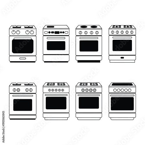 Line art illustration depicting eight different styles of kitchen ranges