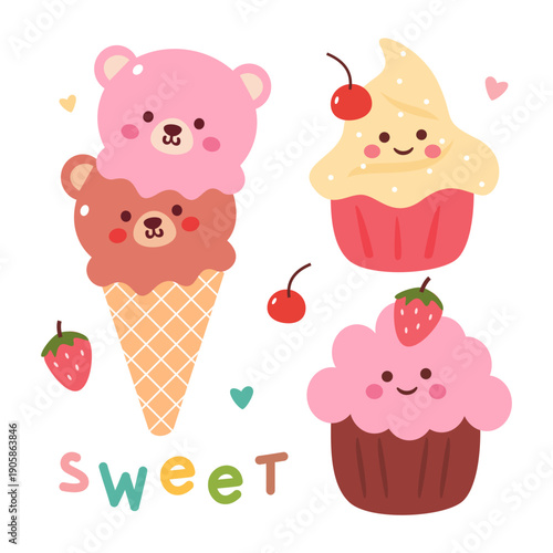 Cute cupcake, bear ice cream illustration. Kawaii dessert character