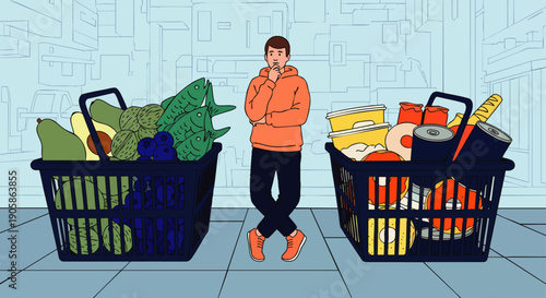 Man contemplating healthy vs unhealthy food choices in shopping baskets, illustration