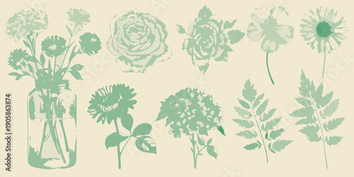 A collection of muted green floral illustrations with leaves and a vase