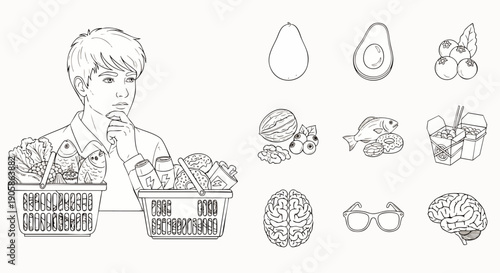 Man choosing between healthy and unhealthy food options in shopping baskets, illustrating diet and lifestyle choices.
