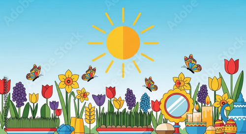 Vibrant spring garden scene with colorful flowers butterflies sun