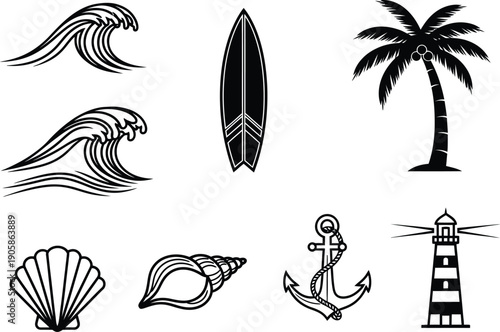 White line art of wave surfboard palm seashell anchor lighthouse beach vector collection